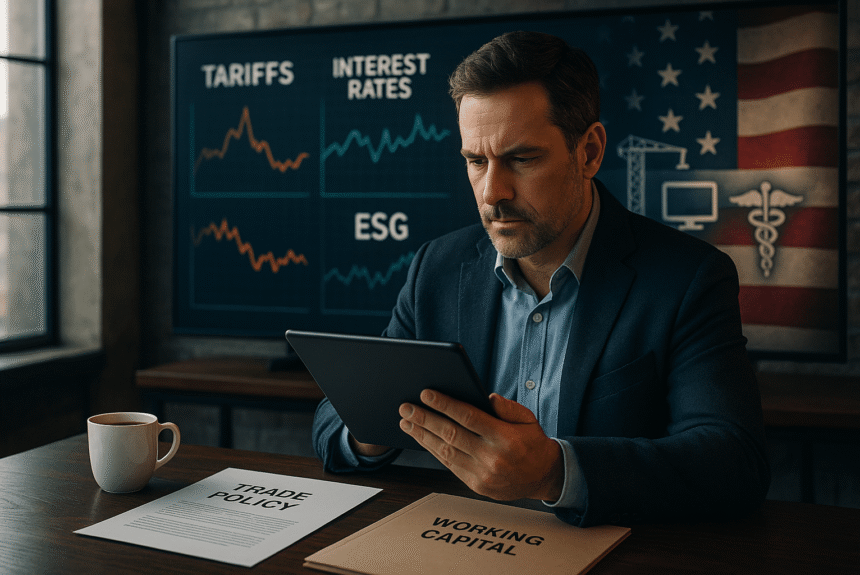 Businessman reviewing funding strategy with trade policy graphs on screen, including tariffs, interest rates, and ESG trends