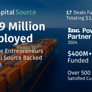 Cargo ship loaded with colorful containers at sea, overlaid with financial metrics showing Capital Source’s $3.9 million in funding across 17 deals in June 2025