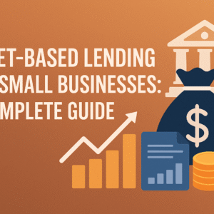 Illustration showing asset-based lending concepts for small businesses, with financial icons like a bank, money bag, chart, and gold coins