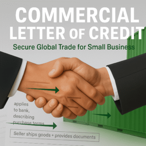 Two business professionals shaking hands with trade documents, green arrows, and a shipping container in the background representing a commercial letter of credit