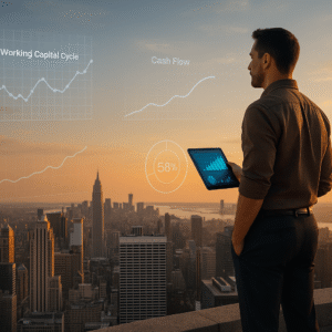 Entrepreneur analyzing working capital, cash flow, and financial ratios from rooftop overlooking city skyline at sunset