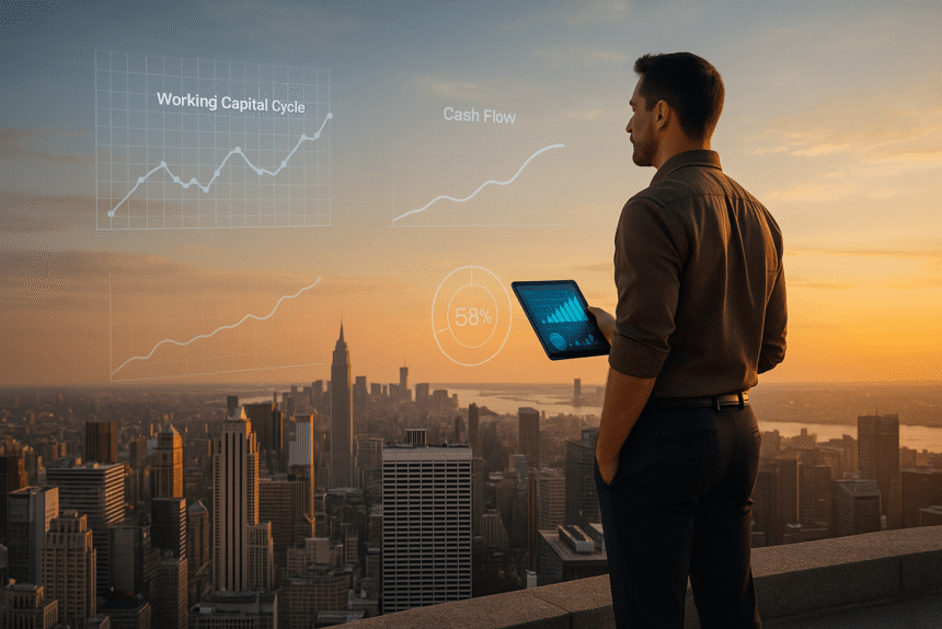Entrepreneur analyzing working capital, cash flow, and financial ratios from rooftop overlooking city skyline at sunset