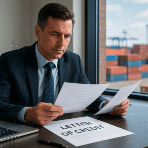 Small business owner reviewing letter of credit documents at desk with shipping containers visible through office window