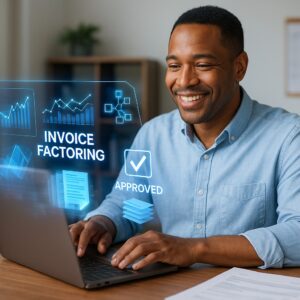 Smiling small business owner using invoice factoring software on a laptop with approval notification and financial graphs displayed