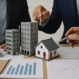 Professionals reviewing property models and financial charts to illustrate real estate asset-backed lending strategies