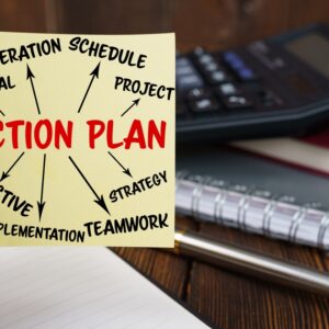 Action Plan” with arrows to capital, project, strategy, objective, teamwork, implementation, and schedule beside a calculator and notebook