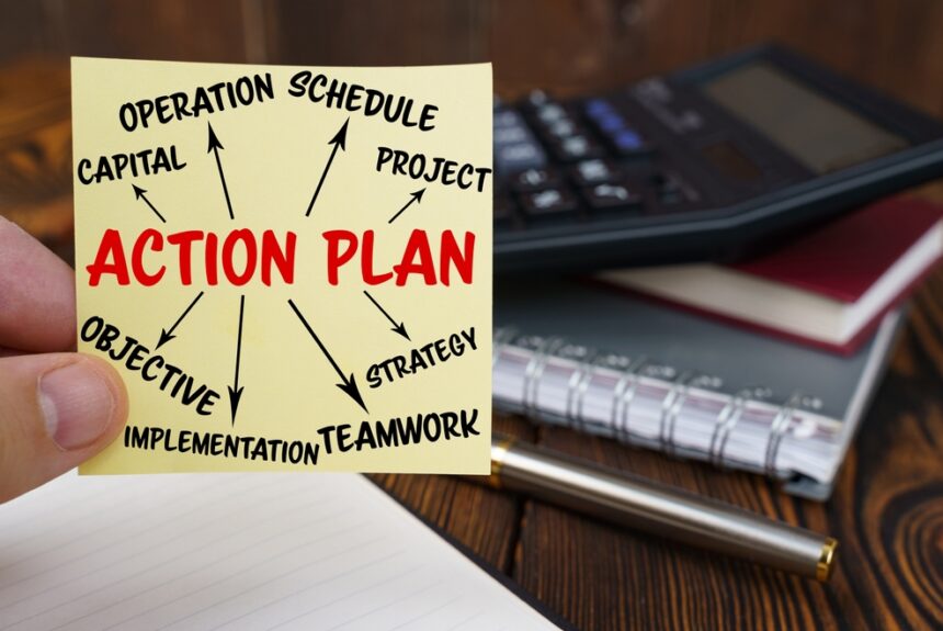 Action Plan” with arrows to capital, project, strategy, objective, teamwork, implementation, and schedule beside a calculator and notebook