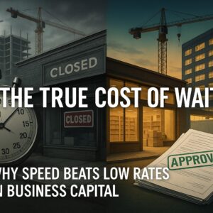 Split illustration of stalled construction and closed stores versus active projects and approved financing, symbolizing lost revenue from slow SBA capital versus growth from fast funding.
