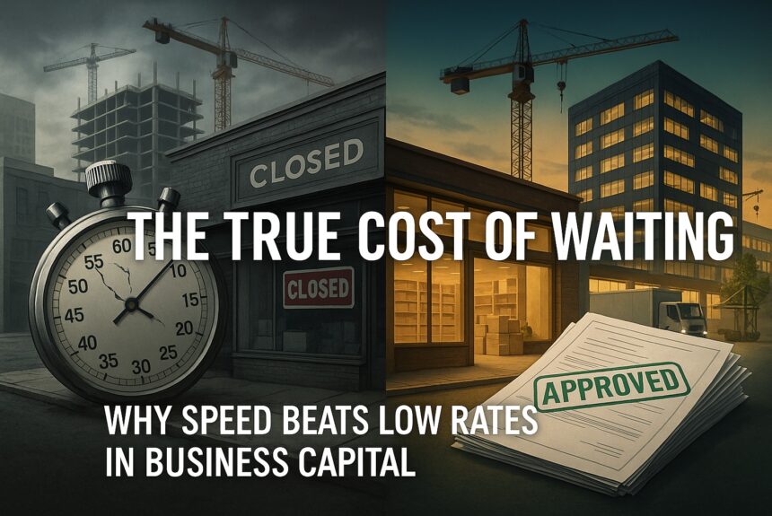 Split illustration of stalled construction and closed stores versus active projects and approved financing, symbolizing lost revenue from slow SBA capital versus growth from fast funding.