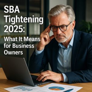 Concerned business owner reviewing financial data on laptop, representing the challenges of SBA loan access in 2025