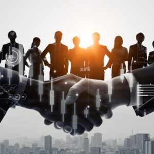 Handshake symbolizing successful business funding and partnerships, with industry professionals and financial data overlay
