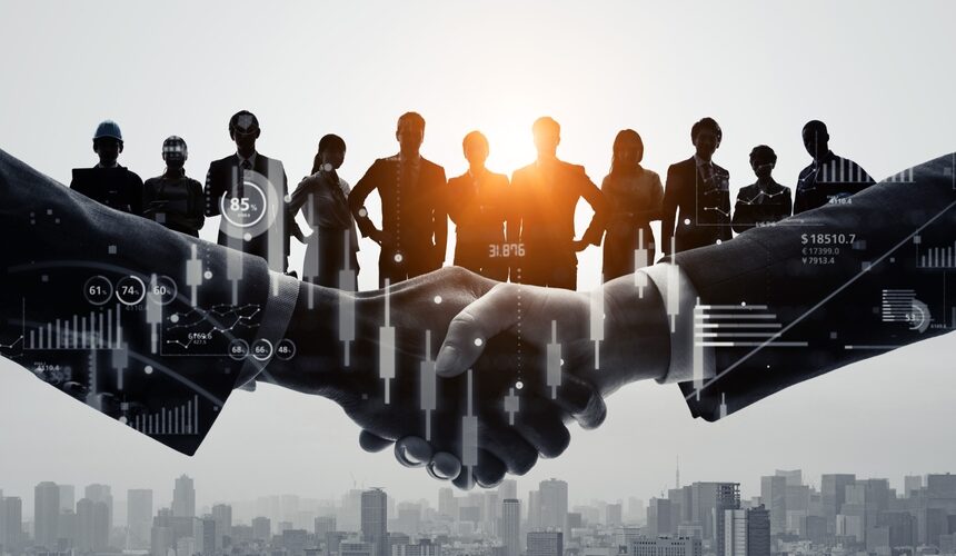 Handshake symbolizing successful business funding and partnerships, with industry professionals and financial data overlay