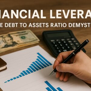 Hand holding pen over bar graph with calculator, money, and balance scale on desk — representing debt-to-assets analysis