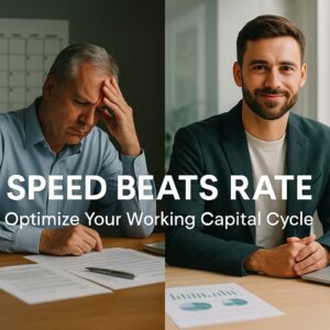 Business owner comparing slow vs fast funding options with text “Speed Beats Rate – Optimize Your Working Capital Cycle”