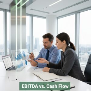 Two business professionals analyzing financial charts in a modern office, illustrating how lenders focus on cash flow—not EBITDA—when assessing business loans.