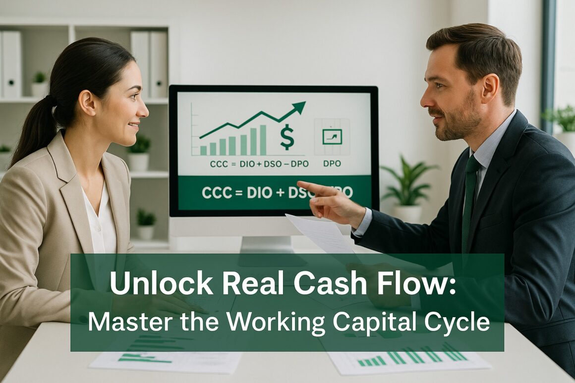 Two finance professionals discussing cash conversion cycle metrics with a chart on screen, highlighting DIO, DSO, and DPO in a business office