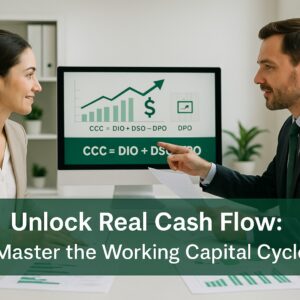 Two finance professionals discussing cash conversion cycle metrics with a chart on screen, highlighting DIO, DSO, and DPO in a business office