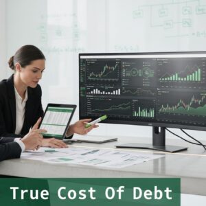Two financial professionals analyzing business loan performance and cash flow data on multiple screens, illustrating the true cost of debt beyond interest rates