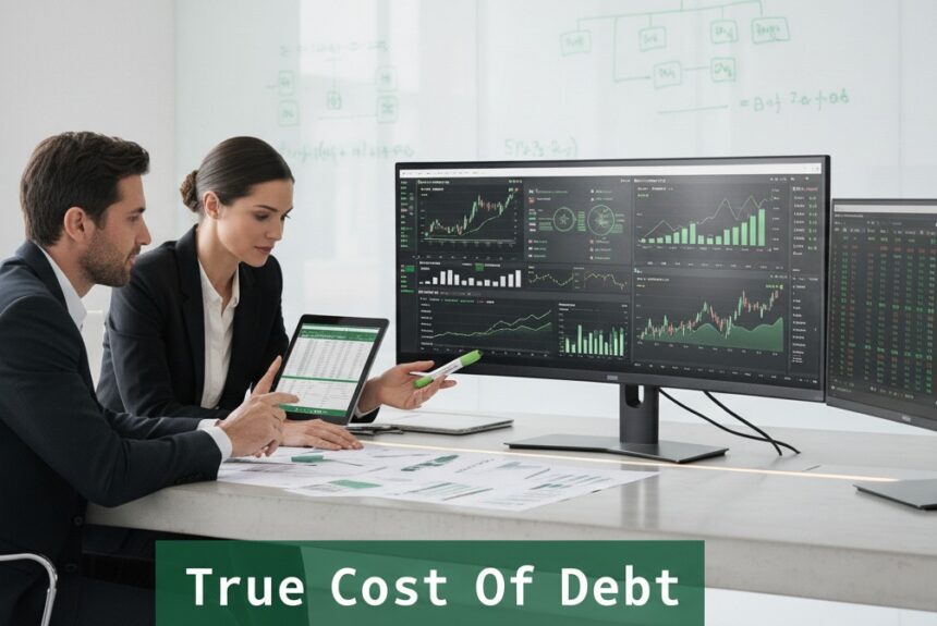 Two financial professionals analyzing business loan performance and cash flow data on multiple screens, illustrating the true cost of debt beyond interest rates