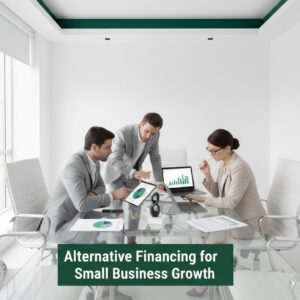 Finance professionals reviewing charts and funding reports in a modern office, representing alternative financing for small business growth.