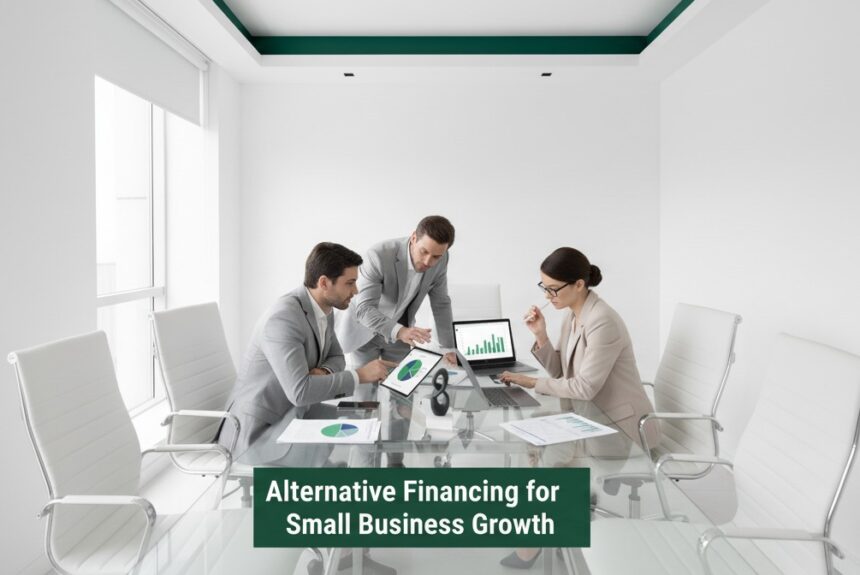 Finance professionals reviewing charts and funding reports in a modern office, representing alternative financing for small business growth.