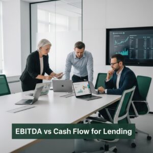 Finance professionals analyzing cash flow and EBITDA data in a modern minimalist office, representing corporate lending analysis and decision-making.