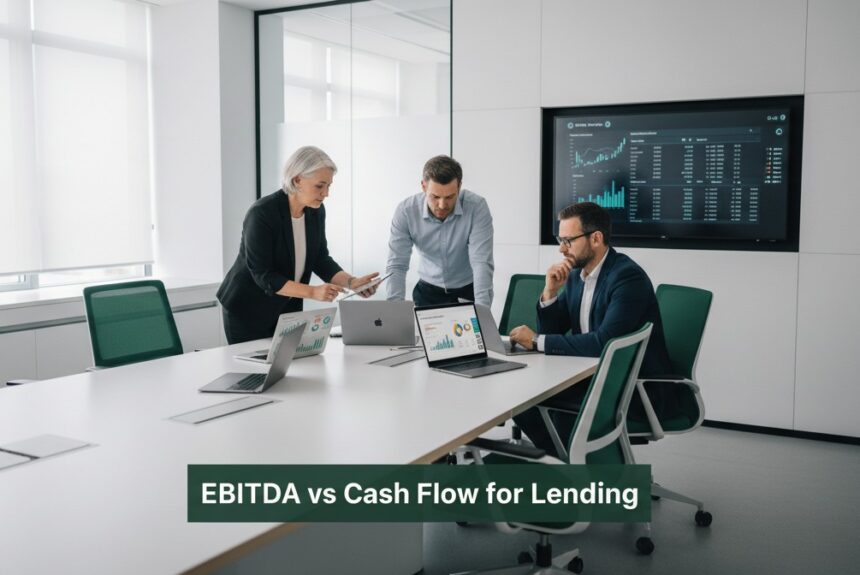 Finance professionals analyzing cash flow and EBITDA data in a modern minimalist office, representing corporate lending analysis and decision-making.