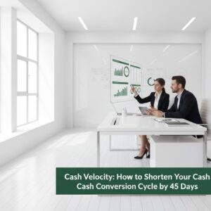 Two finance professionals analyzing cash flow metrics in a modern minimalist office with white space and green #075631 accents, representing cash velocity and working capital optimization.