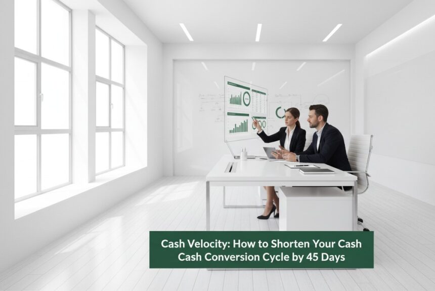 Two finance professionals analyzing cash flow metrics in a modern minimalist office with white space and green #075631 accents, representing cash velocity and working capital optimization.
