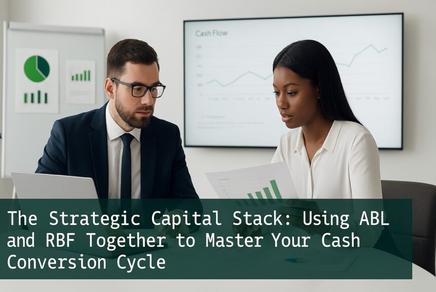 Two finance professionals analyzing cash flow charts in a modern office—illustrating how Asset-Based Lending (ABL) and Revenue-Based Financing (RBF) work together to improve the cash conversion cycle