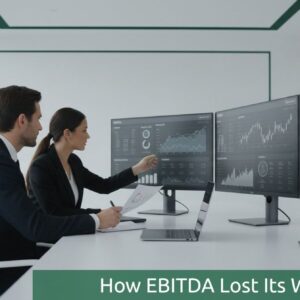 Two finance professionals analyzing data dashboards in a minimalist office with green accents, symbolizing EBITDA and cash flow analysis