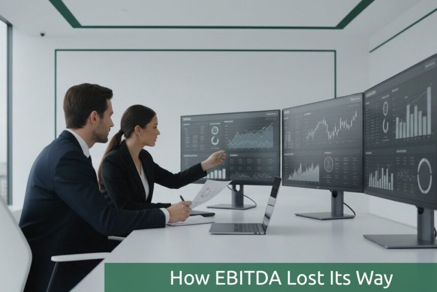 Two finance professionals analyzing data dashboards in a minimalist office with green accents, symbolizing EBITDA and cash flow analysis