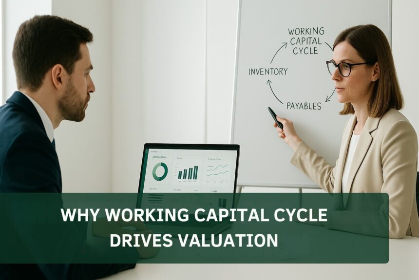 CEO and CFO analyzing working capital strategy on digital dashboard in a modern office with green accents and minimalist design