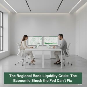 Finance professionals reviewing liquidity and credit data in a modern office, illustrating regional bank liquidity crisis