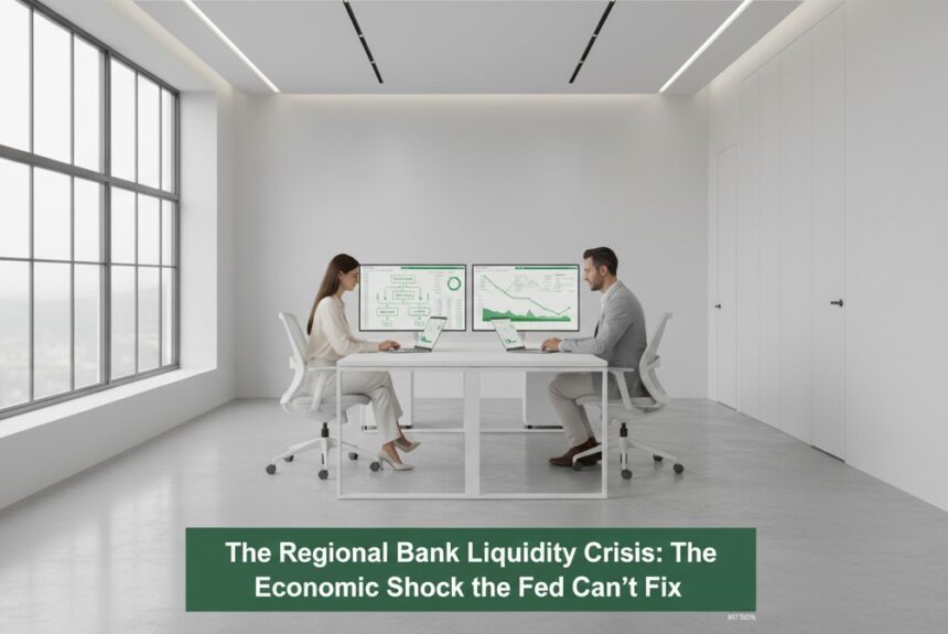 Finance professionals reviewing liquidity and credit data in a modern office, illustrating regional bank liquidity crisis