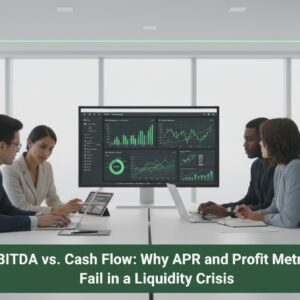 Finance professionals analyzing cash flow dashboards in a modern office, illustrating Capital Source’s insights on EBITDA, APR, and liquidity management