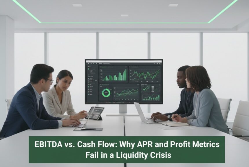 Finance professionals analyzing cash flow dashboards in a modern office, illustrating Capital Source’s insights on EBITDA, APR, and liquidity management
