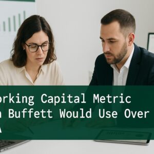 Two finance professionals in a minimalist office reviewing working capital performance charts and financial documents, emphasizing operational cash flow analysis.
