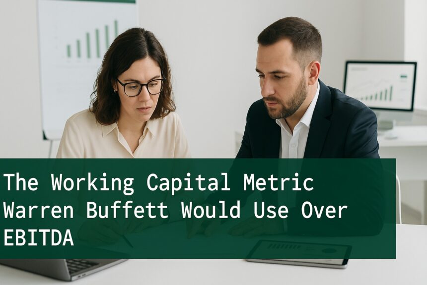 Two finance professionals in a minimalist office reviewing working capital performance charts and financial documents, emphasizing operational cash flow analysis.