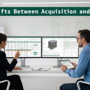 Financial professionals analyzing real estate loan scenarios in a modern white office with green accents, symbolizing DSCR strategy