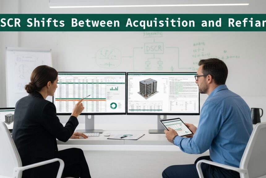 Financial professionals analyzing real estate loan scenarios in a modern white office with green accents, symbolizing DSCR strategy