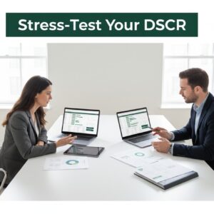 Professionals reviewing DSCR scenarios and loan metrics on screens in a clean office with subtle #075631 accents