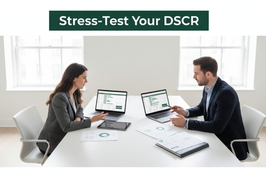 Professionals reviewing DSCR scenarios and loan metrics on screens in a clean office with subtle #075631 accents