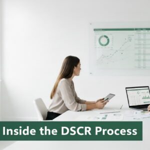 Two underwriters sitting at a conference table reviewing DSCR loan metrics on a laptop and printed reports with a large financial chart on the wall