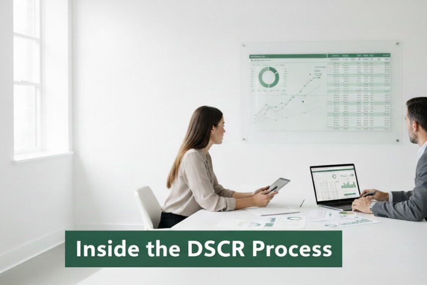 Two underwriters sitting at a conference table reviewing DSCR loan metrics on a laptop and printed reports with a large financial chart on the wall