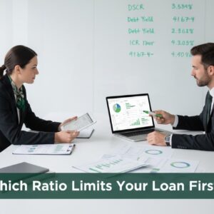 Commercial real estate lenders reviewing DSCR, Debt Yield, LTV, and ICR on laptops in a modern office