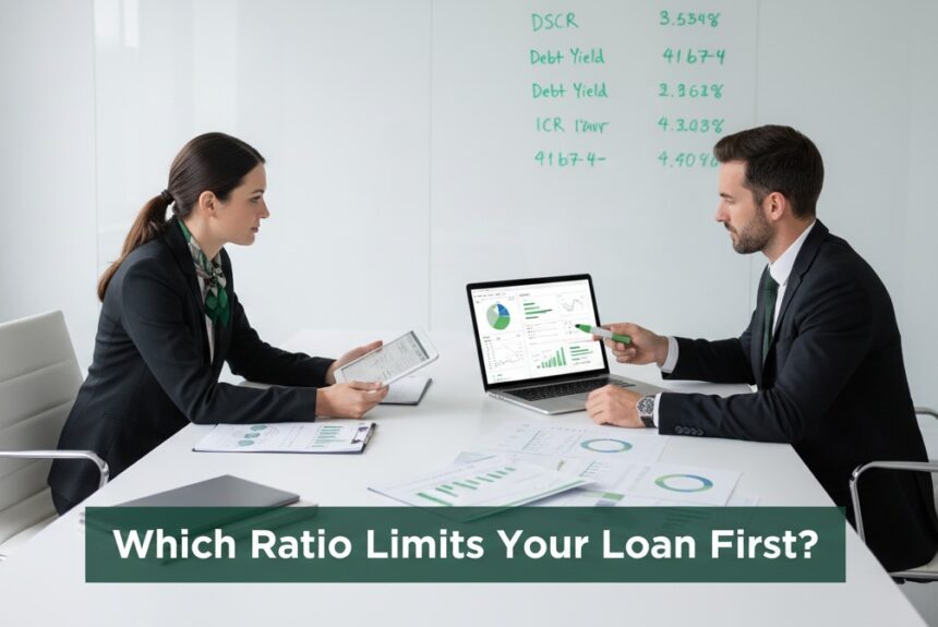 Which Ratio Limits Your Loan First? DSCR vs. Debt Yield vs. LTV vs. ICR Commercial real estate lenders reviewing DSCR, Debt Yield, LTV, and ICR on laptops in a modern office