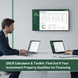 Professionals reviewing DSCR data and property finance metrics in a modern office with white and green minimalist design