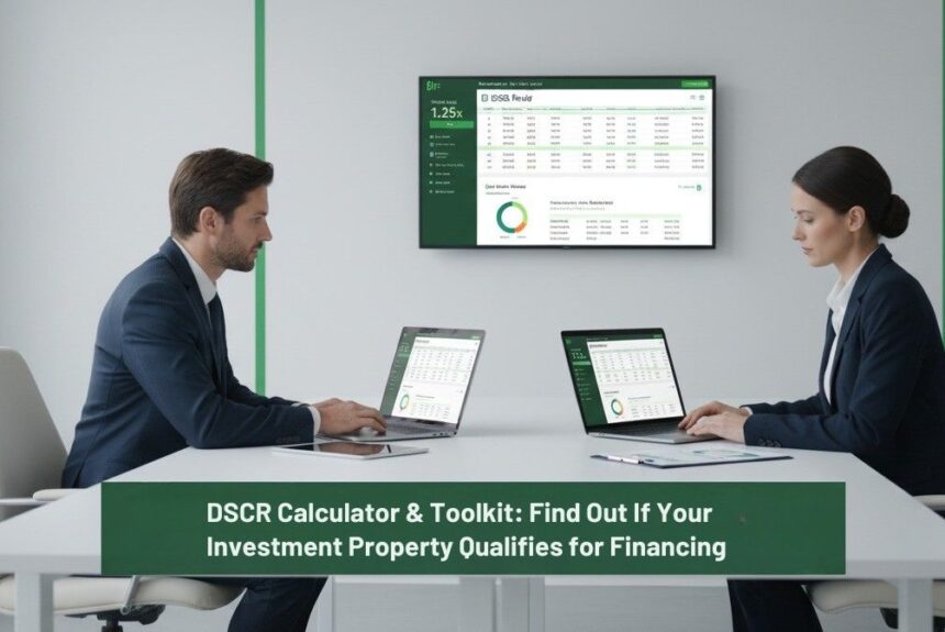 Professionals reviewing DSCR data and property finance metrics in a modern office with white and green minimalist design