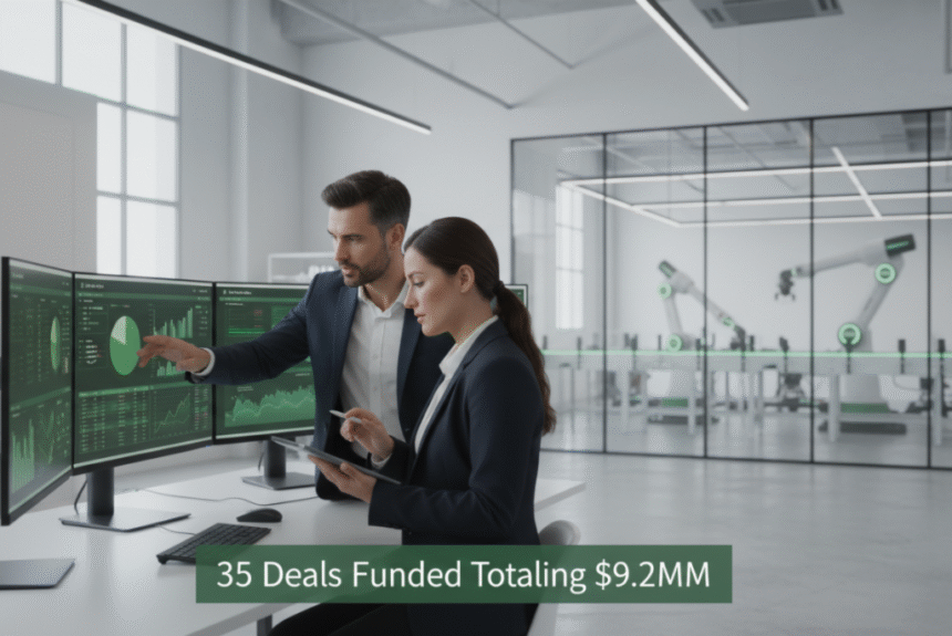 Two finance professionals reviewing charts and analytics on monitors in a modern office, with caption "35 Deals Funded Totaling $9.2MM"